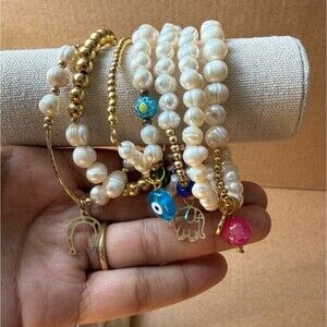7pc Handmade Freshwater Pearl & Gold Charm Stacking Bracelets